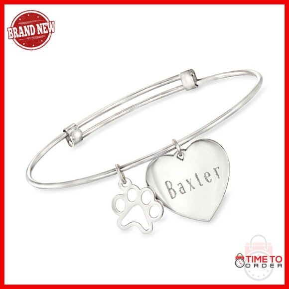 Sterling Silver Heart Paw Print Bangle Bracelet 7 Inches